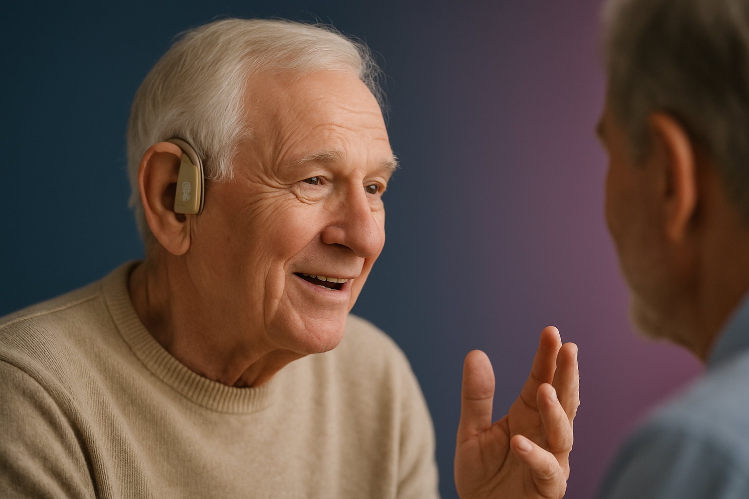 Seniori discutând cu un aparat auditiv VIXEV EasyHear BTE VHP-1303.